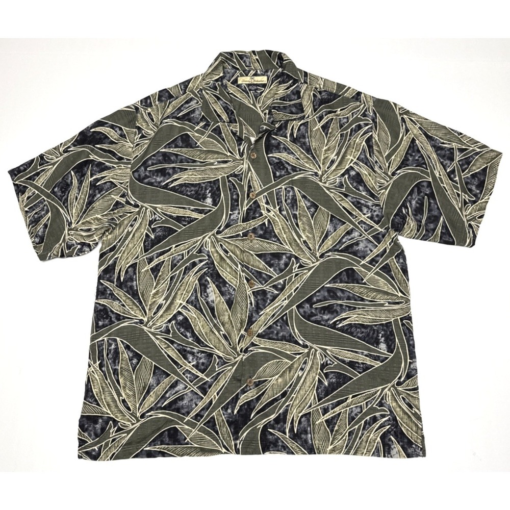 TOMMY BAHAMA Size Large 100% Silk Green Birds of Paradise Hawaiian Camp Shirt